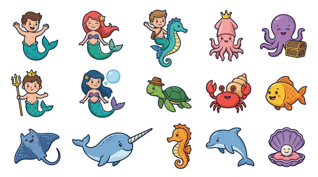 Cute Cartoon Ocean Life and Mermaids Vector Illustration, Kids Art Style
