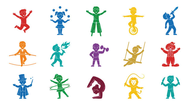 Colorful Circus Kids Entertainment Glyphs - Performers Silhouettes Icon Set for Children's Activities