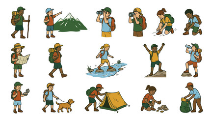 Fototapeta premium Children Camping Hiking Outdoor Adventure Activities Cartoon Vector Collection