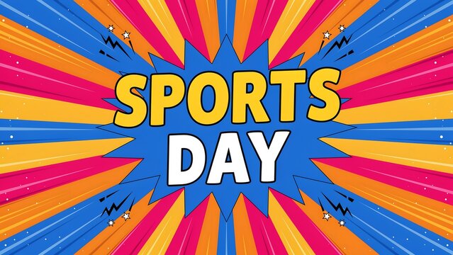 Sports day poster design with bold typography on a dynamic sunburst background pattern athletic exercise