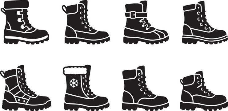 Black winter hiking boots with snowflake design collection Vector