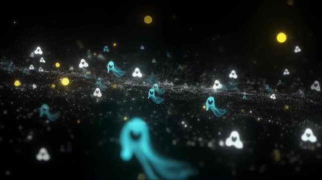 Abstract ghostly Halloween spirits and glowing particles seamless loop background