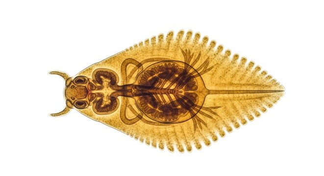 Microscopic view of a trematode parasite. Fluke flatworm organism under a light microscope. Veterinary diagnostic imagery for the study of animal parasite infection and pet disease.