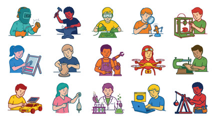 Fototapeta premium Kids Learning STEM: Illustration of Children Engaging in Various Science and Technology Activities