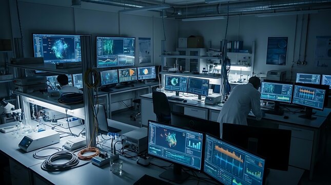 Advanced technology lab with multiple computer screens and scientists working