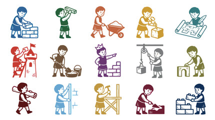 Fototapeta premium Children's Construction Play: Vintage Line Art Icons of Young Builders, Engineers Architects