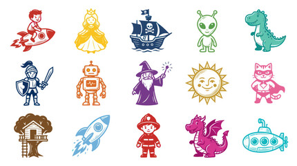 Naklejka premium Colorful Cartoon Vector Set of Children's Play Elements, Fantasy Characters and Imagination Icons