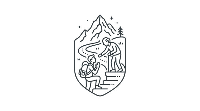 Line art illustration of a young hiker being helped up stairs by an elderly person.