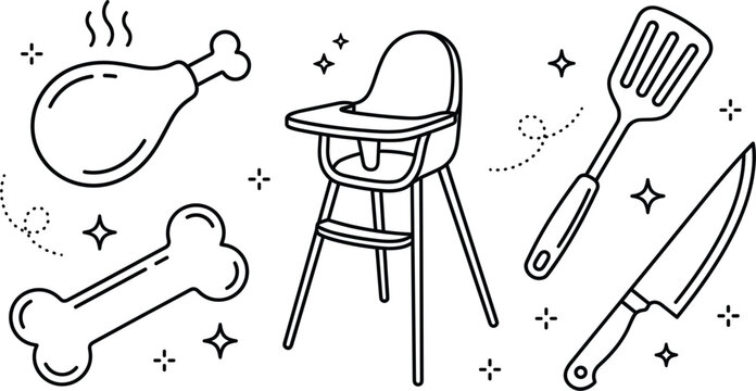 Baby high chair icons set with kitchen knife spatula chicken drumstick bone linear vector outline illustration on white background
