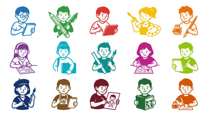 Obraz premium Children cartoon drawing, painting, and art supplies, vector icons, flat style