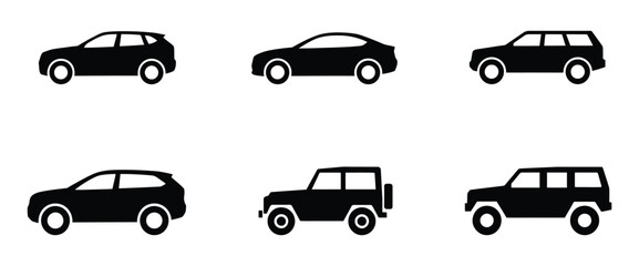 car icon vector. Set of 6 car silhouette icons including hatchback, sedan, and compact styles, ideal for automotive and transport design themes.   © muni