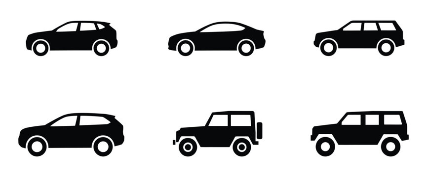 car icon vector. Set of 6 car silhouette icons including hatchback, sedan, and compact styles, ideal for automotive and transport design themes.  