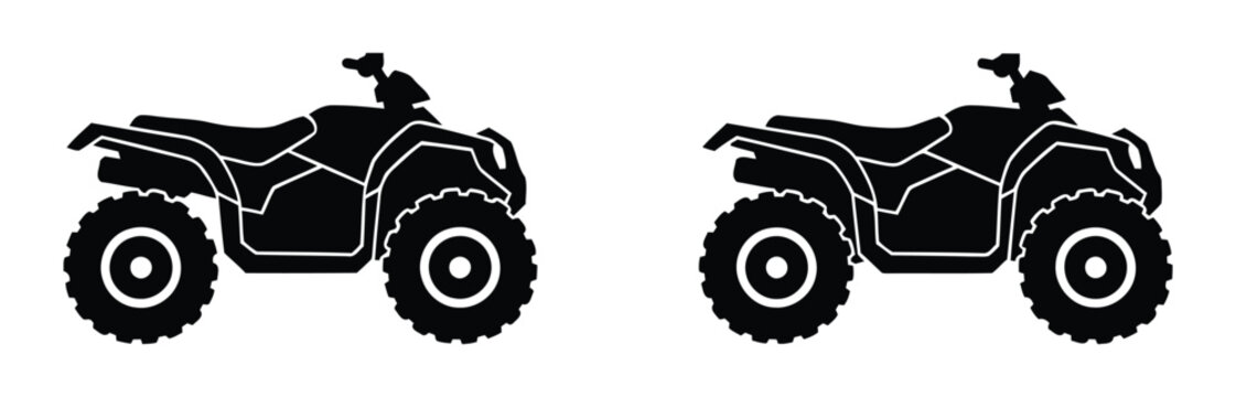 Quad bike icon, flat black vector illustration, all-terrain vehicle. All-terrain vehicle (atv) quad bike icon representing off-road adventure and sport. 