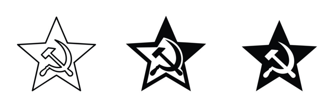Soviet union star icon set. Outline of the hammer and sickle with a star above it. Soviet star with sickle and hammer. Star of soldiers Victory. Vector on transparent background.