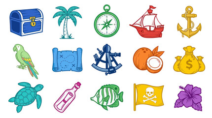 Obraz premium Colorful Cartoon Pirate Adventure and Tropical Island Elements Icons. Flat Illustrated Treasure Hunt Objects Set.
