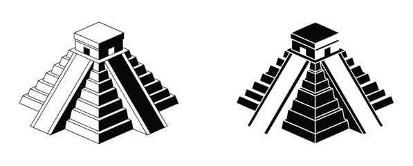 Naklejka premium Mayan pyramid icon set, ancient Mesoamerican temple pyramid symbol, outline and solid silhouette style. Vector illustration