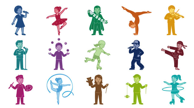 Kids Activities Icons Set: Music, Dance, Sports, Art, Performance