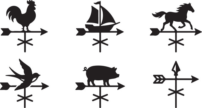 Black and white weather vane with animal and object designs Vector