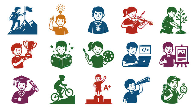 Child Education  Talent Development Flat Vector Icon Set: Learning, Hobbies, Success, and Growth Activities