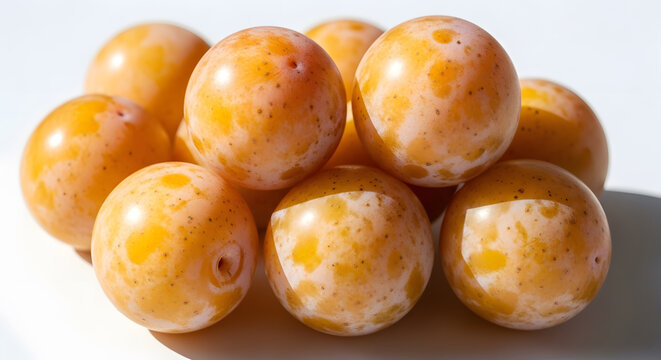 Cluster of ripe golden plums, sunlit and glistening, isolated on a bright white background.