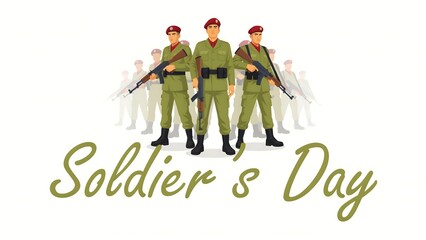 Fototapeta premium Soldier day celebration graphic featuring group of armed military personnel in uniform standing tall, military
