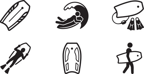 Six black and white icons of surfing and beach activities Vector © Runa