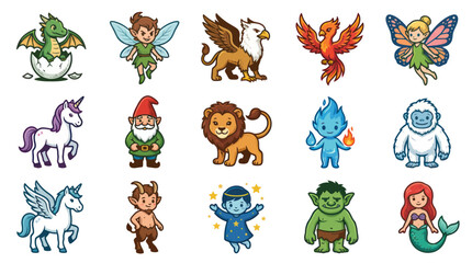 Obraz premium Fantasy Creatures Set: Dragon, Unicorn, Gnome, Mermaid, Fairy, Yeti, Lion