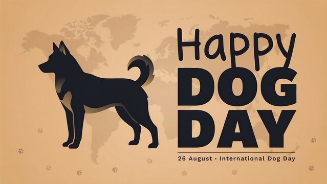 International dog day greeting illustration with world map background and silhouette of a dog, international