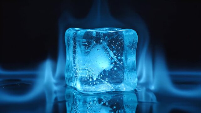 A translucent ice cube glows with blue light, surrounded by wisps of ethereal blue flame