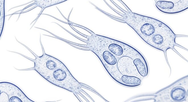 Protozoa microscopic view as single cell organism. Parasite biology and microbiology under microscope. Veterinary medicine concept for pathogen detection and animal disease research.