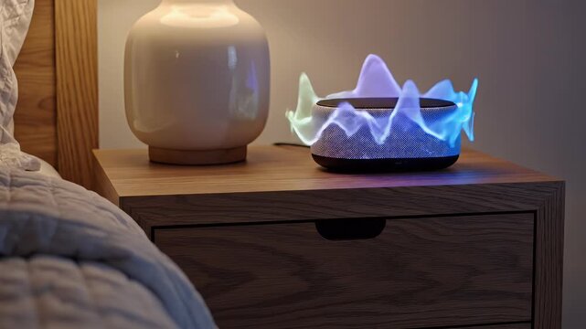 A bedside table features a glowing smart speaker and a ceramic vase