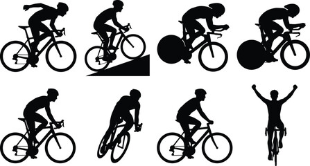 Obraz premium Cycling Silhouette Vector Set with Road Cyclists Racing Training and Victory Poses