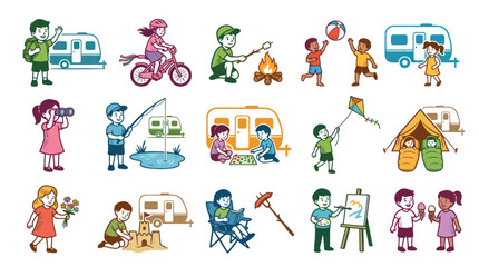 Fototapeta premium Happy Children Camping Activities Vector Illustrations