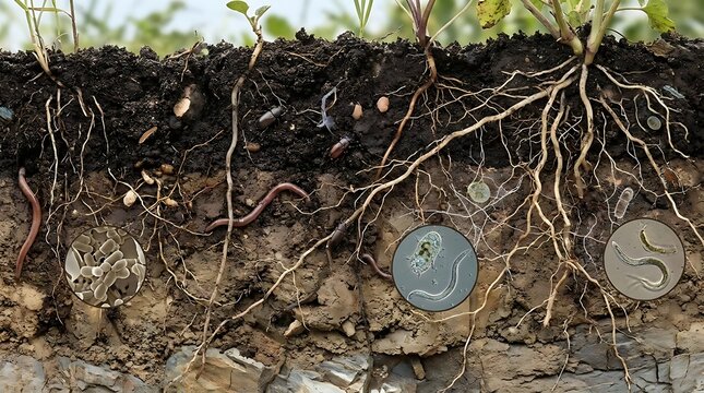 Cross section of healthy soil with plant roots and beneficial organisms