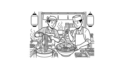 Obraz premium Two Chefs Preparing Traditional Japanese Ramen Noodles in Kitchen