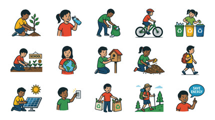 Fototapeta premium Vector Cartoon Illustrations: Kids Promoting Environmental Protection, Sustainability Eco-Friendly Education.