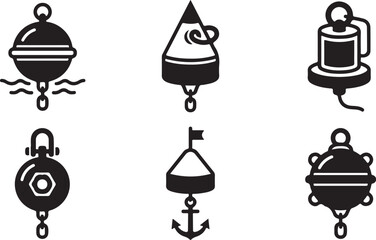 Naklejka premium Set of six nautical anchor and buoy icons in black and white Vector