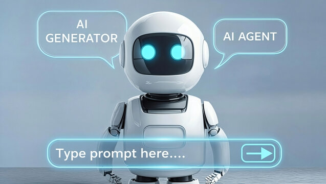 Cute futuristic AI robot chatbot assistant with prompt input interface and holographic UI labels AI generator and AI agent on minimal background