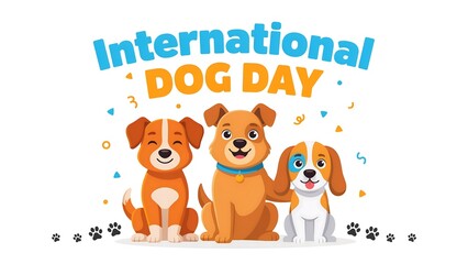 Obraz premium International dog day greeting with three happy puppies international celebration illustration confetti
