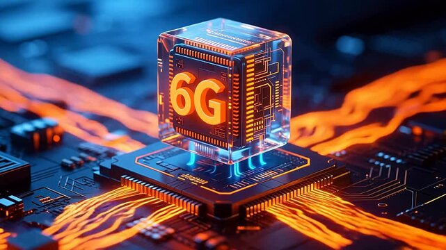 Glowing 6g chip cube on blue motherboard