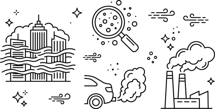 City smog air pollution factory smoke and car exhaust emissions line art vector icons set on white background