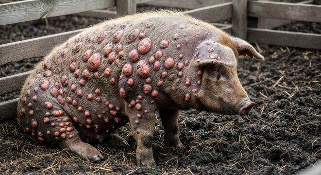 Sick pig with skin lesions in wooden enclosure. Veterinary observation of diseased farm animal suffering from dermatological infection. Livestock health problems and biosecurity issue.