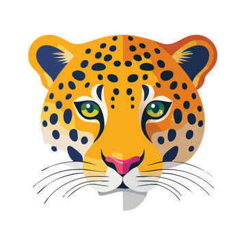 Flat illustration of a leopard face with green eyes