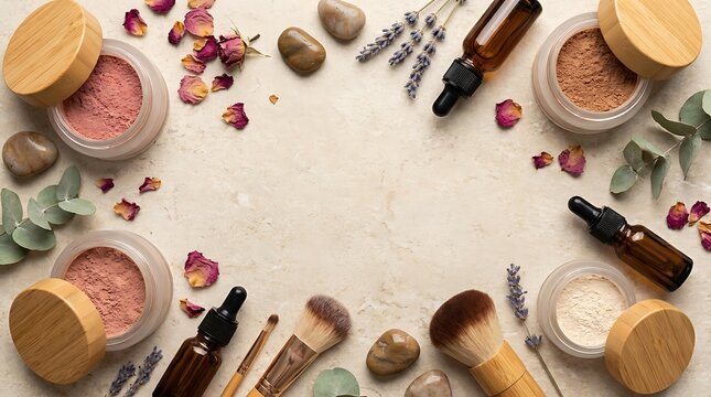 Natural organic skincare products with wooden jars brushes and lavender flowers in a beauty frame. botanical makeup offer
