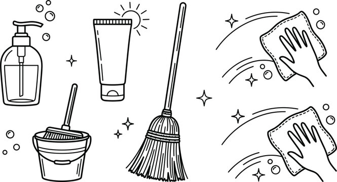 Cleaning services icons set with soap bucket broom wipe and sunscreen tube linear vector outline illustration white background
