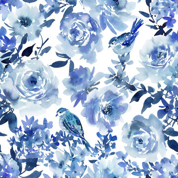Watercolor blue floral seamless pattern with hand painted blue roses, wild flowers and little birds on a transparent background for fabric, wedding invitation and surface design