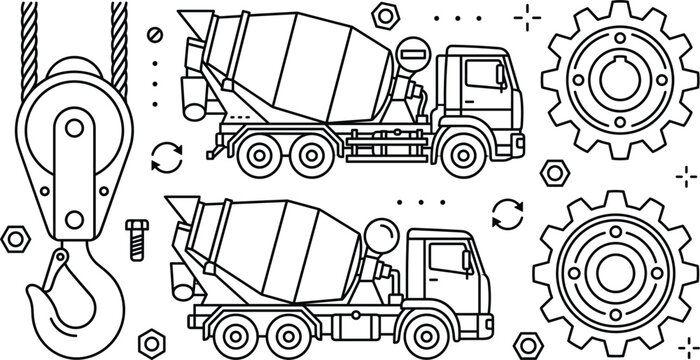 Concrete mixer truck icons set with industrial crane hook pulley gears and tools linear vector outline illustration background