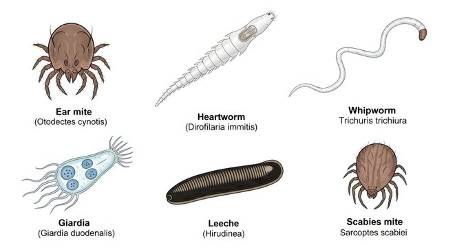 Medical illustration of common animal parasites including ear mite, heartworm, whipworm, giardia, leech and scabies mite. Veterinary diagnostic chart for pet health and disease prevention.
