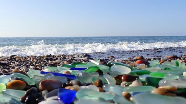 Sea glass, Pieces of sea glass isolated on white background, Green pieces of glass polished by the sea closeup background. A pile of natural beach glass, Multi colored pieces of polished glass. Color.