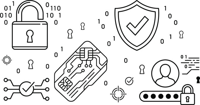Cyber security icons set with padlock protection shield credit card user login password linear vector outline illustration background